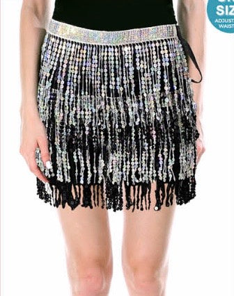 Sequin Fringe Skirt (Black/Silver)